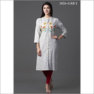 Nehamta ग्रे (धूसर) रंग का हैंडलूम कॉटन स्ट्रेट कुर्ता लेगिंग के साथ