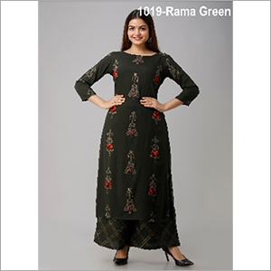 वॉशेबल नेहम्ता डार्क ग्रीन कलर का रेयॉन स्ट्रेट कुर्ता कॉटन पलाज़ो के साथ