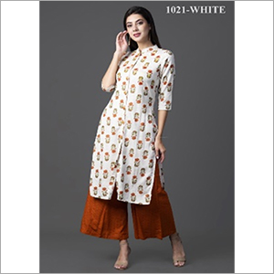 वॉशेबल नेहम्ता सफ़ेद रंग का रेयॉन फ्लेक्स स्ट्रेट कुर्ता पलाज़ो के साथ