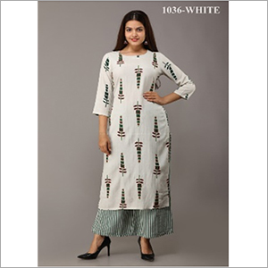 वॉशेबल नेहम्ता सफ़ेद रंग का रेयॉन फ्लेक्स स्ट्रेट कुर्ता पलाज़ो के साथ