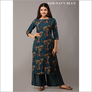 वॉशेबल नेहम्ता नेवी ब्लू कलर का रेयॉन स्ट्रेट कुर्ता पलाज़ो के साथ