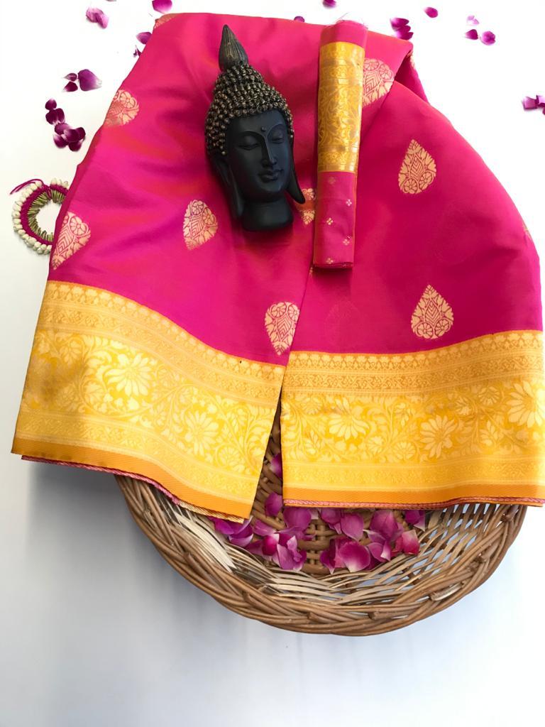 Kanjivaram Silk Saree - Bespoke Yellow/pink With Traditional Gold Zari Weaving | Perfect For Traditional Occasions, Elegant Bollywood Style, Year-round Versatility