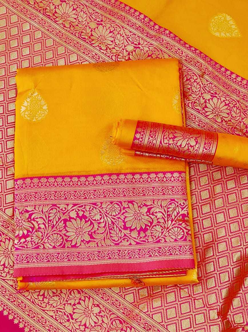 Kanjivaram Silk Saree - Bespoke Yellow/pink With Traditional Gold Zari Weaving | Perfect For Traditional Occasions, Elegant Bollywood Style, Year-round Versatility