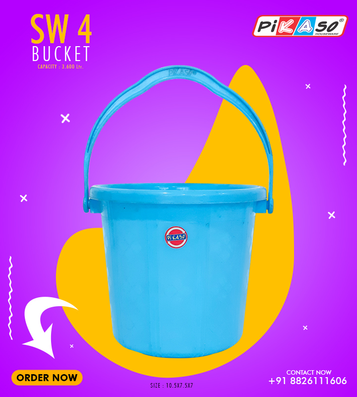 Bucket Sw 4 - Polypropylene, 10.5x7.5x7 Inch , Colors: Cyan, Blue, Pink | Capacity: 3.6 Ltr, Weight: 160 Grams, Soft Texture, Round Shape