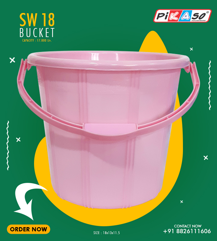 Bucket Sw 18 - Ppcp Material, 18x13x11.5 Inch Size, Capacity: 17.800 Ltr | Soft, Round Design, Available In Cyan, Blue, Pink, Transparent