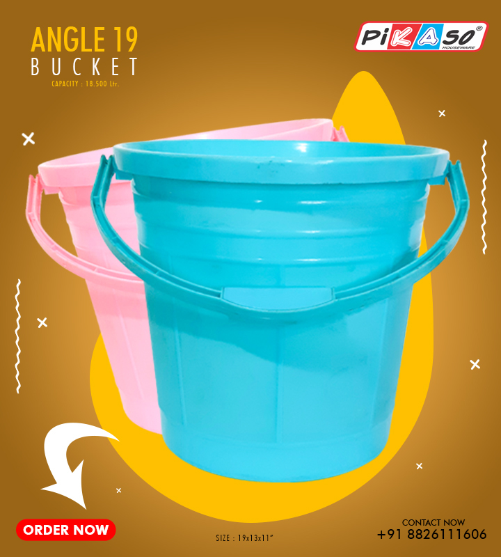 Angle 19 Bucket - Polypropylene Material, 20x13x12 Inch Size | Available In Cyan, Blue, Pink, Soft Texture, 18.5 Ltr Capacity, Round Shape