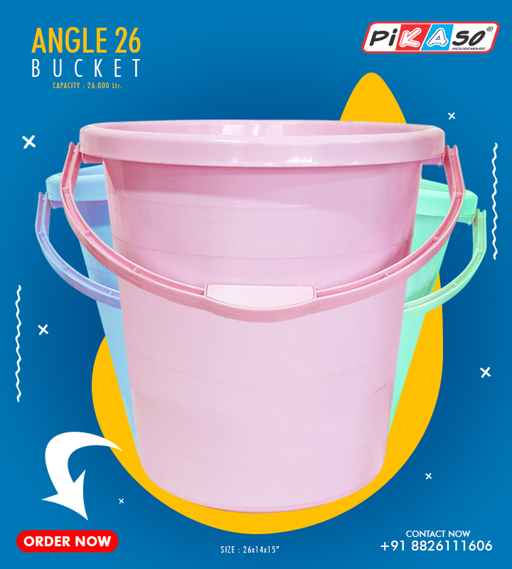 Angle 26 Bucket - Polypropylene, 26x15x14 Inch | Soft Plastic, Available In Pink, White, Green, Blue, Round Shape, Household Use