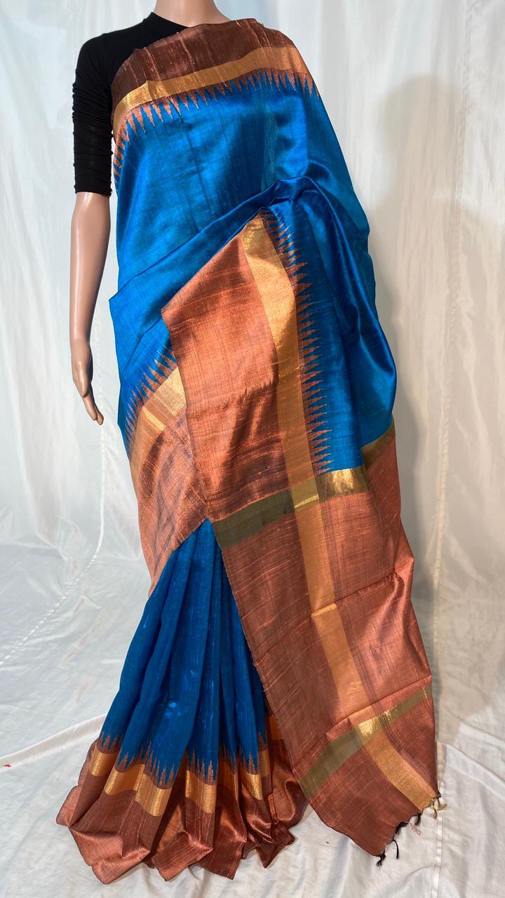 Pure Dupion Raw Silk Handloom Double Sided Temple Border Saree - Silk, Contrast Pallu & Blouse | Party Wear, Suitable For Rainy, Spring, Summer, Winter