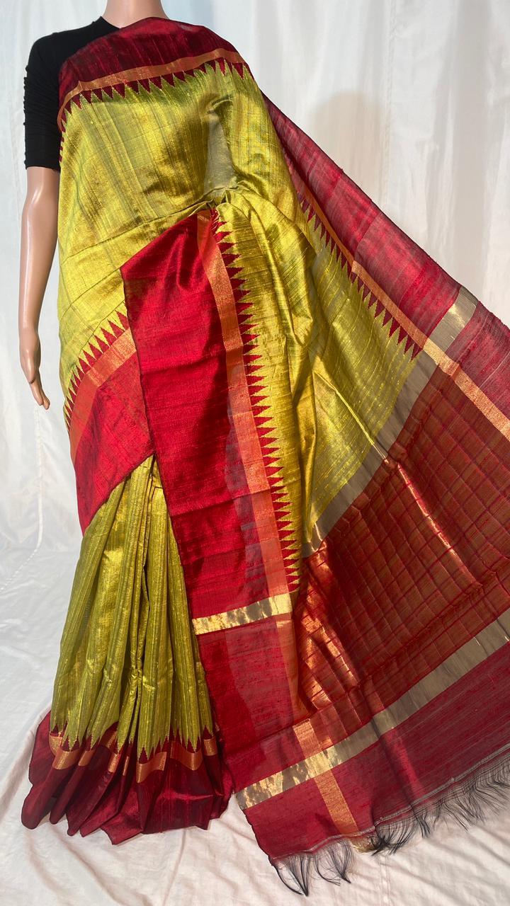 Pure Dupion Raw Silk Handloom Double Sided Temple Border Saree - Silk, Contrast Pallu & Blouse | Party Wear, Suitable For Rainy, Spring, Summer, Winter