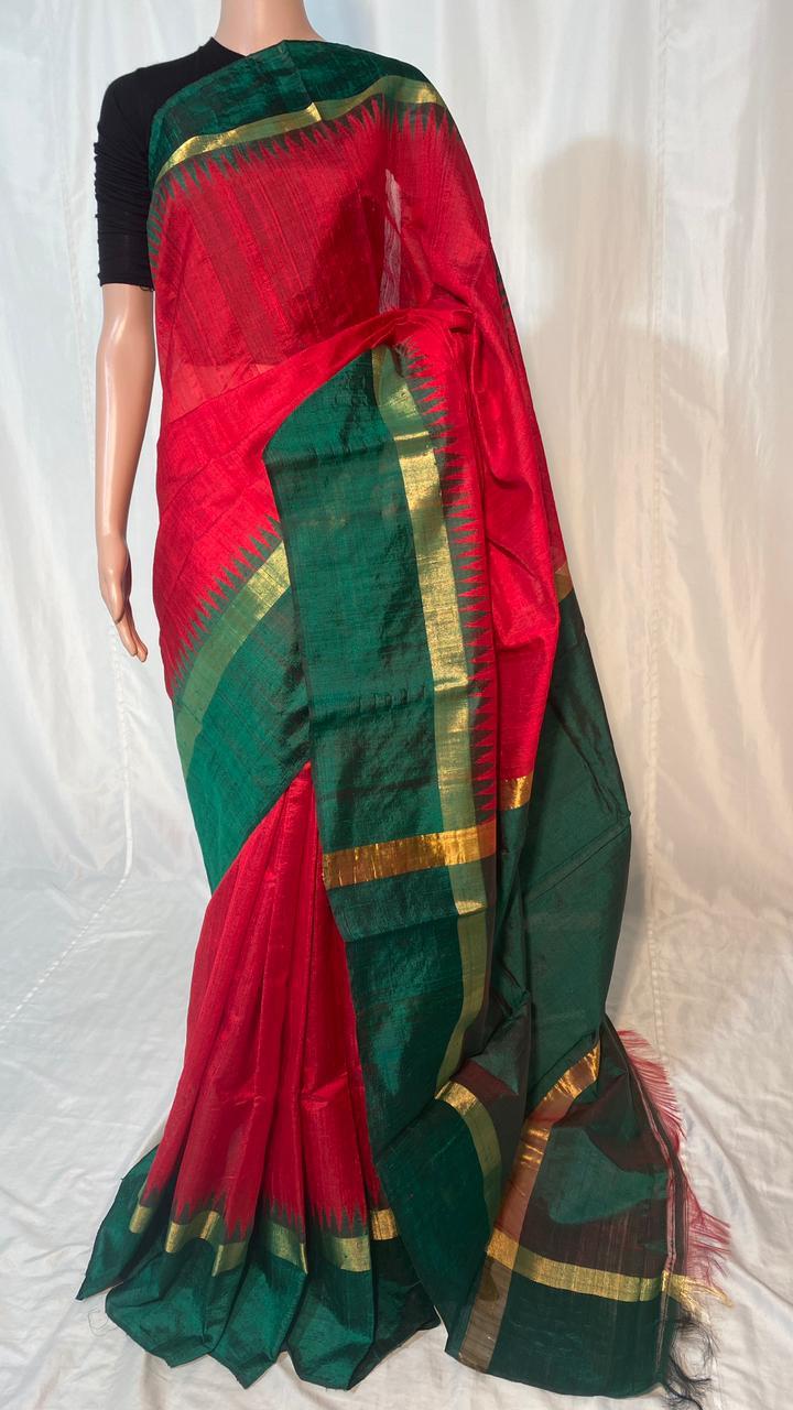 Pure Dupion Raw Silk Handloom Double Sided Temple Border Saree - Silk, Contrast Pallu & Blouse | Party Wear, Suitable For Rainy, Spring, Summer, Winter