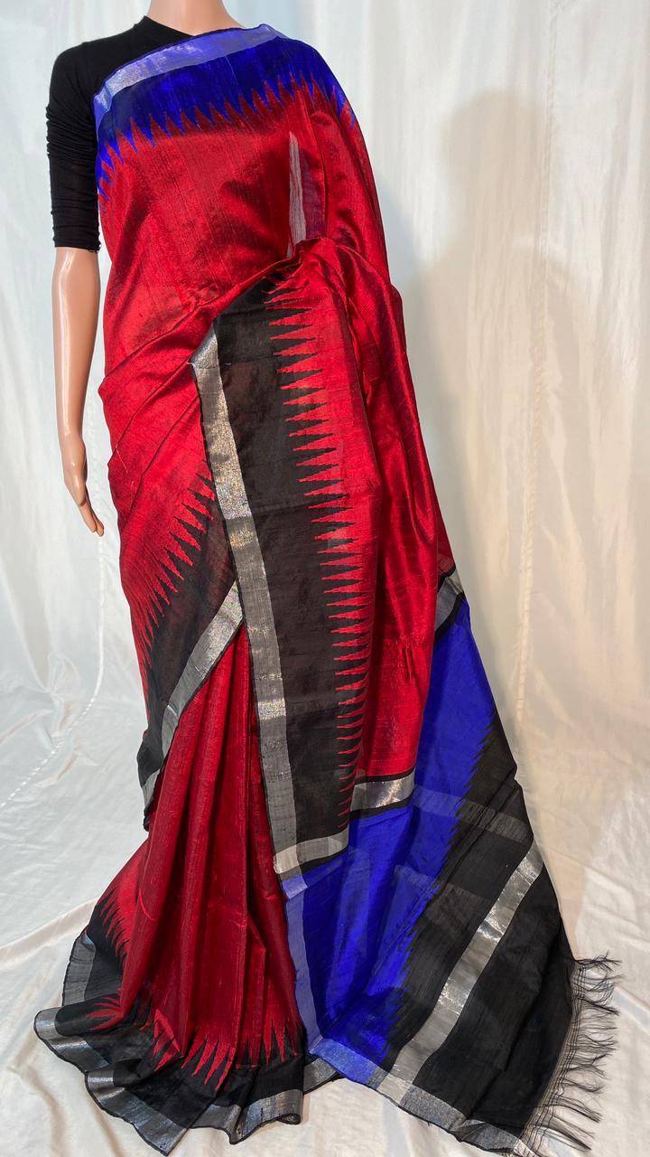 Pure Dupion Raw Silk Handloom Double Sided Temple Border Saree - Silk, Contrast Pallu & Blouse | Party Wear, Suitable For Rainy, Spring, Summer, Winter