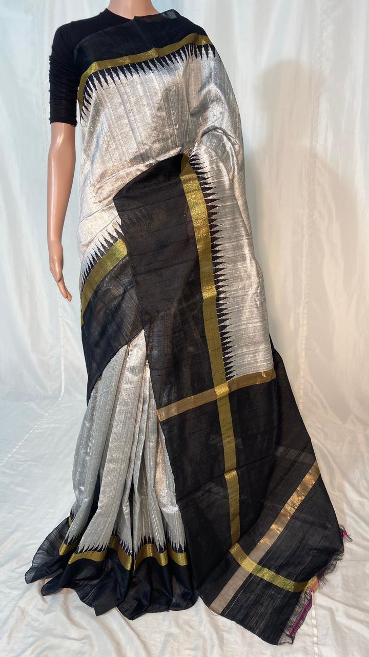 Pure Dupion Raw Silk Handloom Double Sided Temple Border Saree - Silk, Contrast Pallu & Blouse | Party Wear, Suitable For Rainy, Spring, Summer, Winter