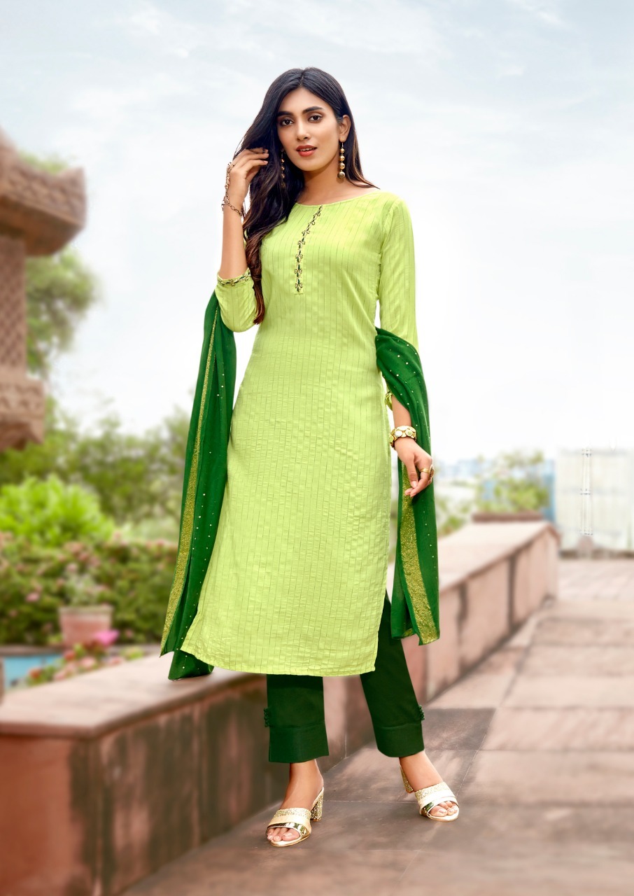 Dry Cleaning Saheli-1 Fancy Viscose With Cotton Kurtis Pant With Duppata