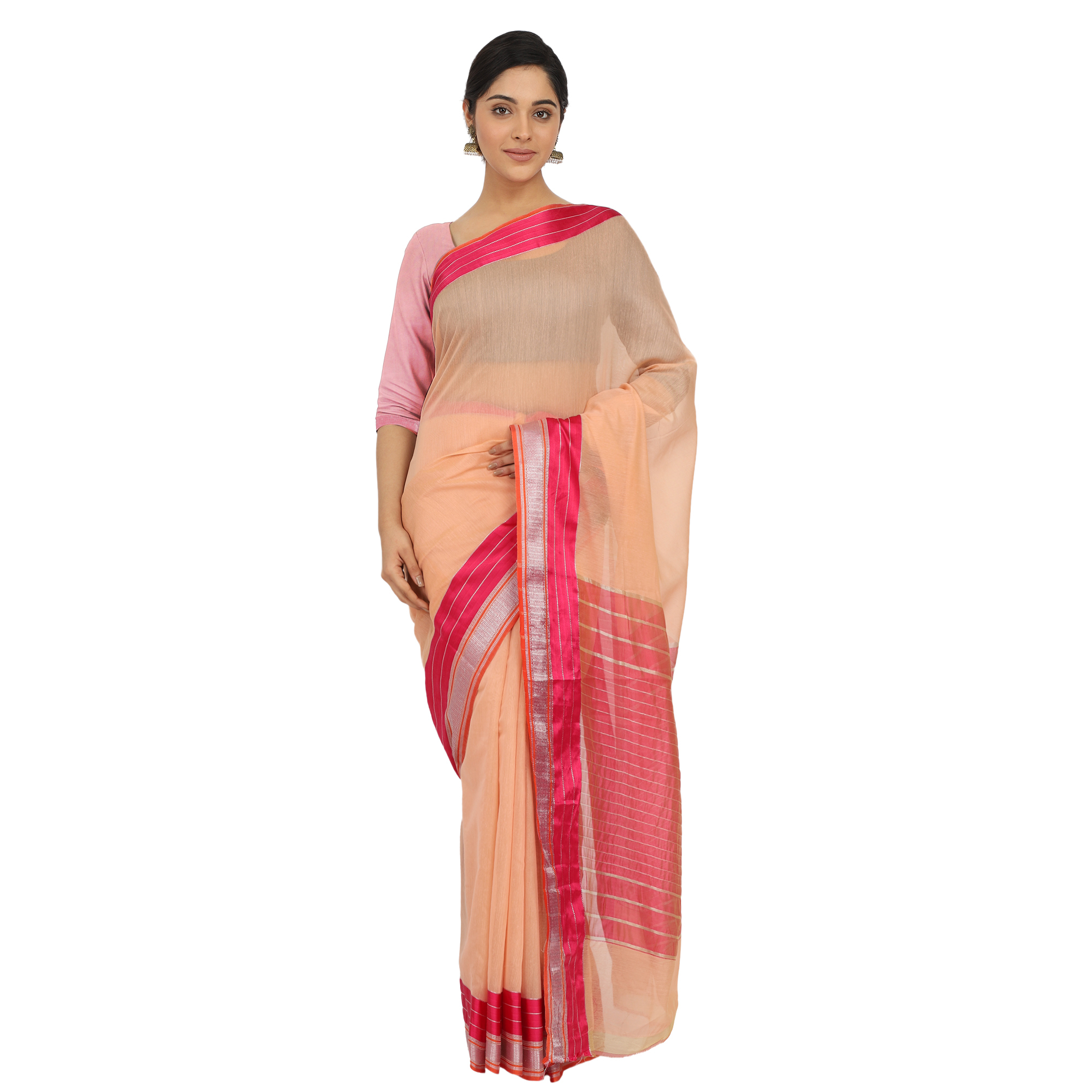 Cotton Silk Maheshwari Saree With Unstitched Blouse Piece - Material: Polyester