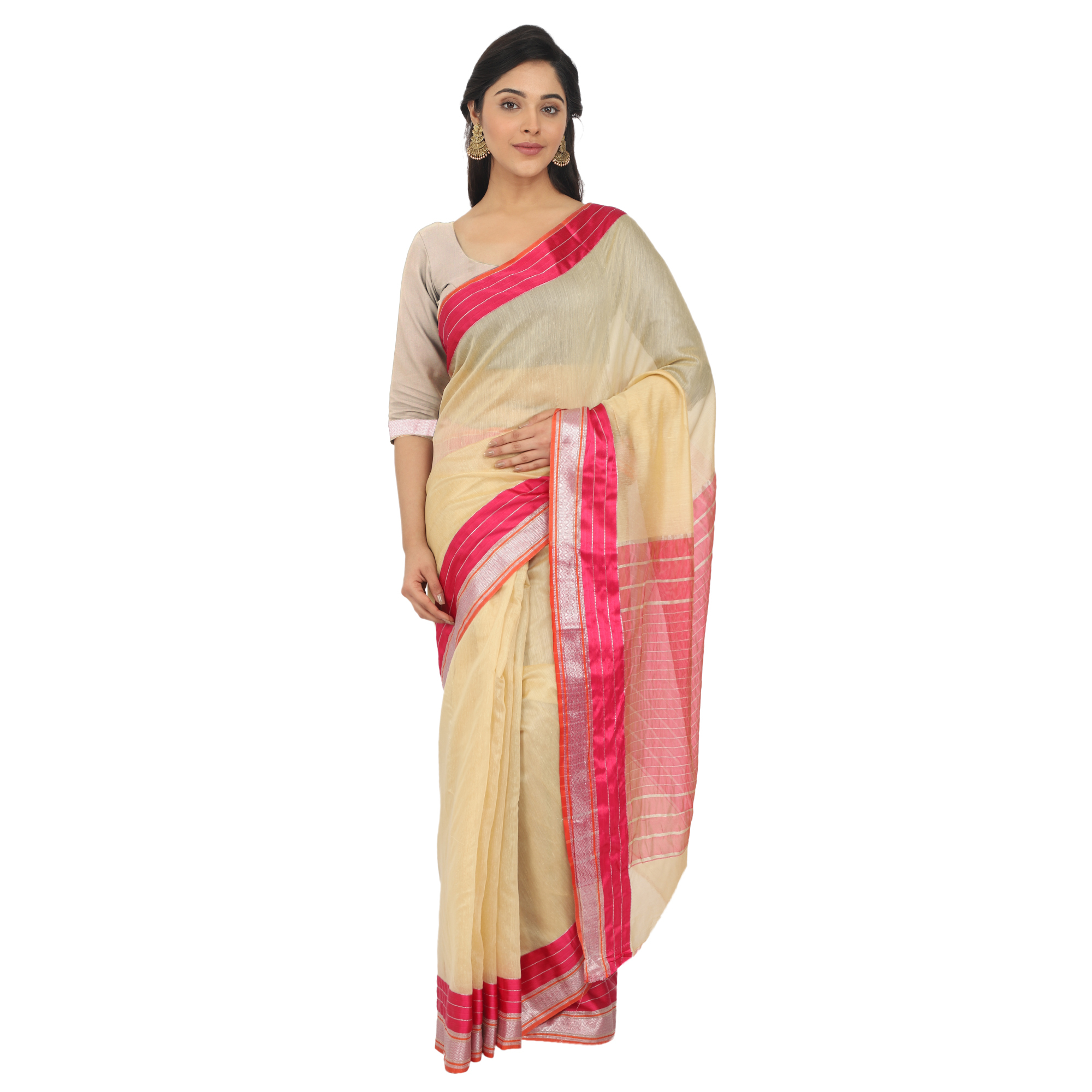 Cotton Silk Maheshwari Saree With Unstitched Blouse Piece - Material: Polyester