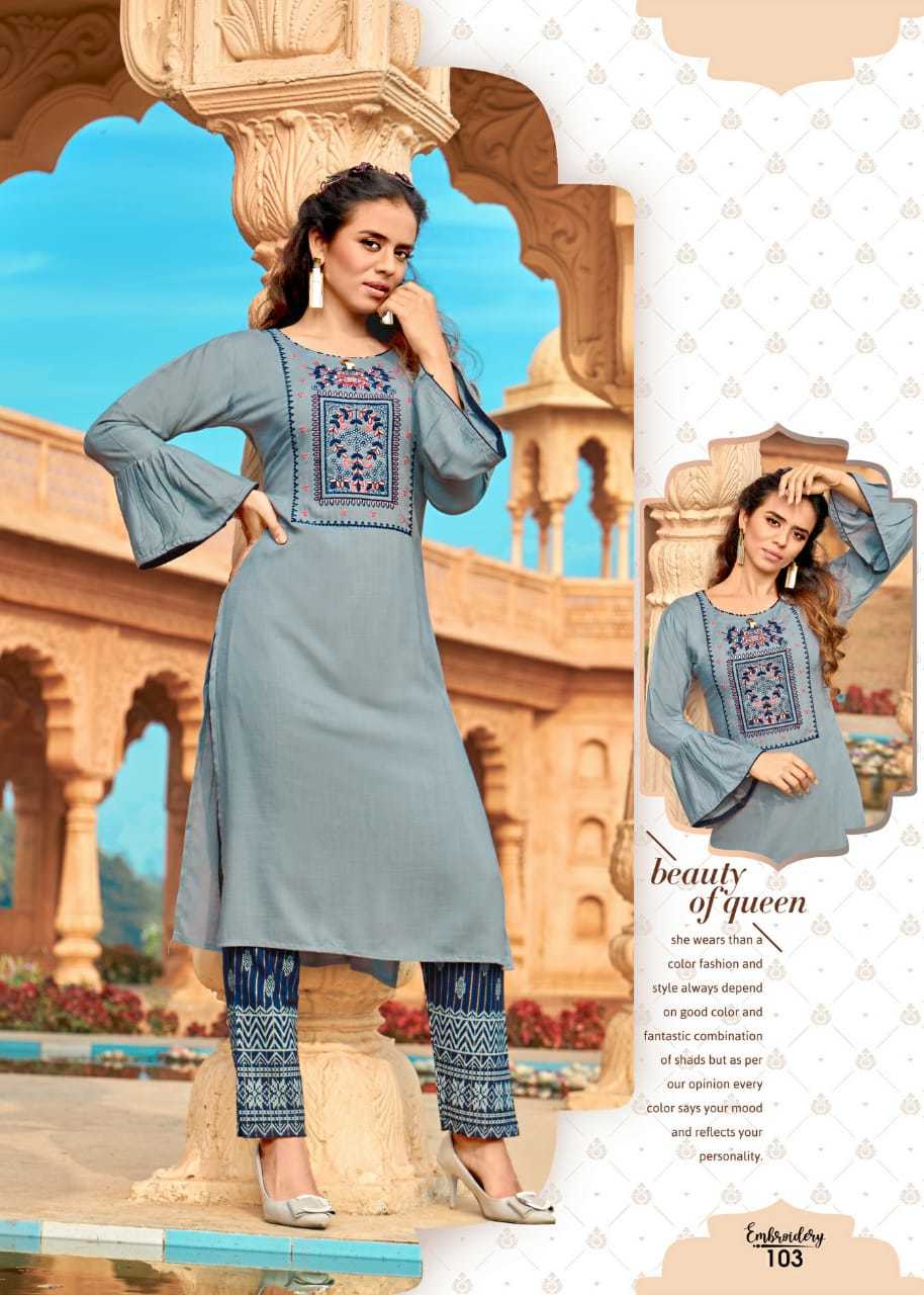 Dry Cleaning Rayon Embroidery Kurtis With Rayon Foil Print Pant