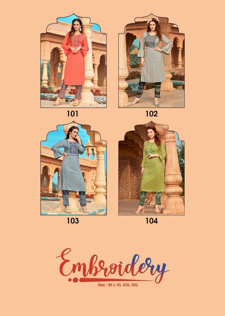 Dry Cleaning Rayon Embroidery Kurtis With Rayon Foil Print Pant