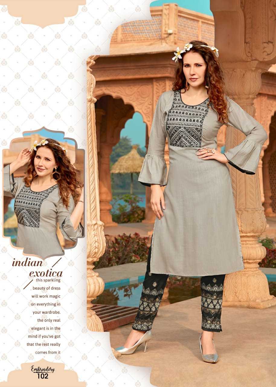Dry Cleaning Rayon Embroidery Kurtis With Rayon Foil Print Pant