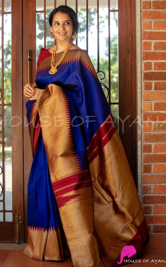Ladies Designer Silk Saree - Soft Floral Silk Handloom Weaving, Rich Contrast Zari Wooven Pallu, Elegant Blue & Red Color, Ideal For Traditional Occasions