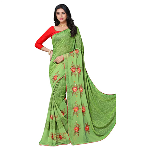 Ladies Heavy Embroidered Work Saree - High Quality Fabric, Plain Blouse Style | Suitable for All Occasions, Embroidered Flower Pattern