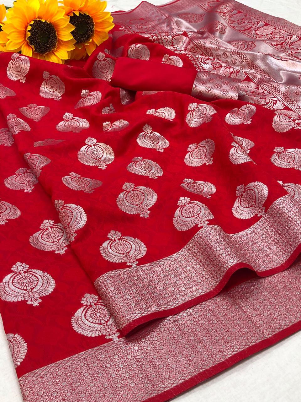 Ladies Fancy Saree - Georgette, Multi Colour With Silver Zari Weaving Jacquard And Rich Pallu | Perfect For Traditional Occasions, Bollywood Style