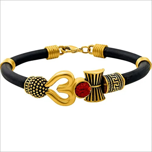 Om Damru Silicone Bracelet - Brass And Silicone Material, Polished Finish | Free Size, Elegant Golden Design