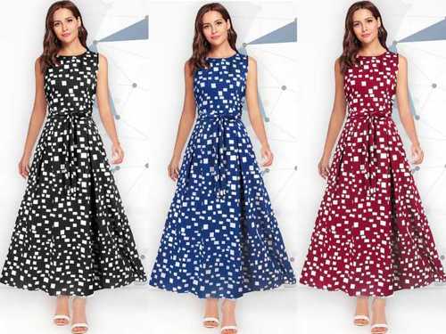 Ladies Designer Gown - Crepe Fabric, Length 52-53 inch, 2.04 Mtr Flare, Available Sizes S(34)-XL(40) | Cape Sleeve, Modern Style Options in Highway Blue, Maroon, Black
