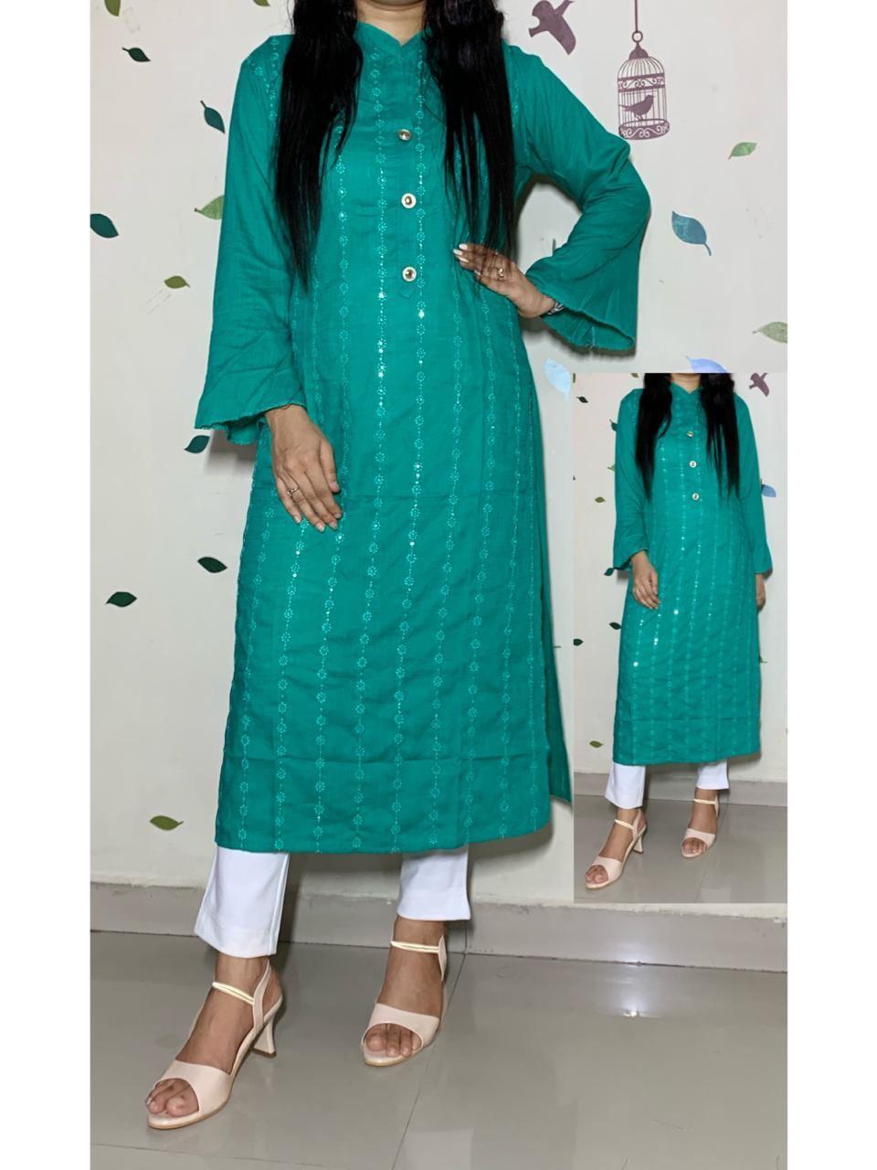 Slub Rayon Kurti - Heavy Rayon Slub, Length: 44 Inches, Sizes: L, Xl, Xxl | Features Sequence Embroidery Work, Full Stitched, Bell Sleeves