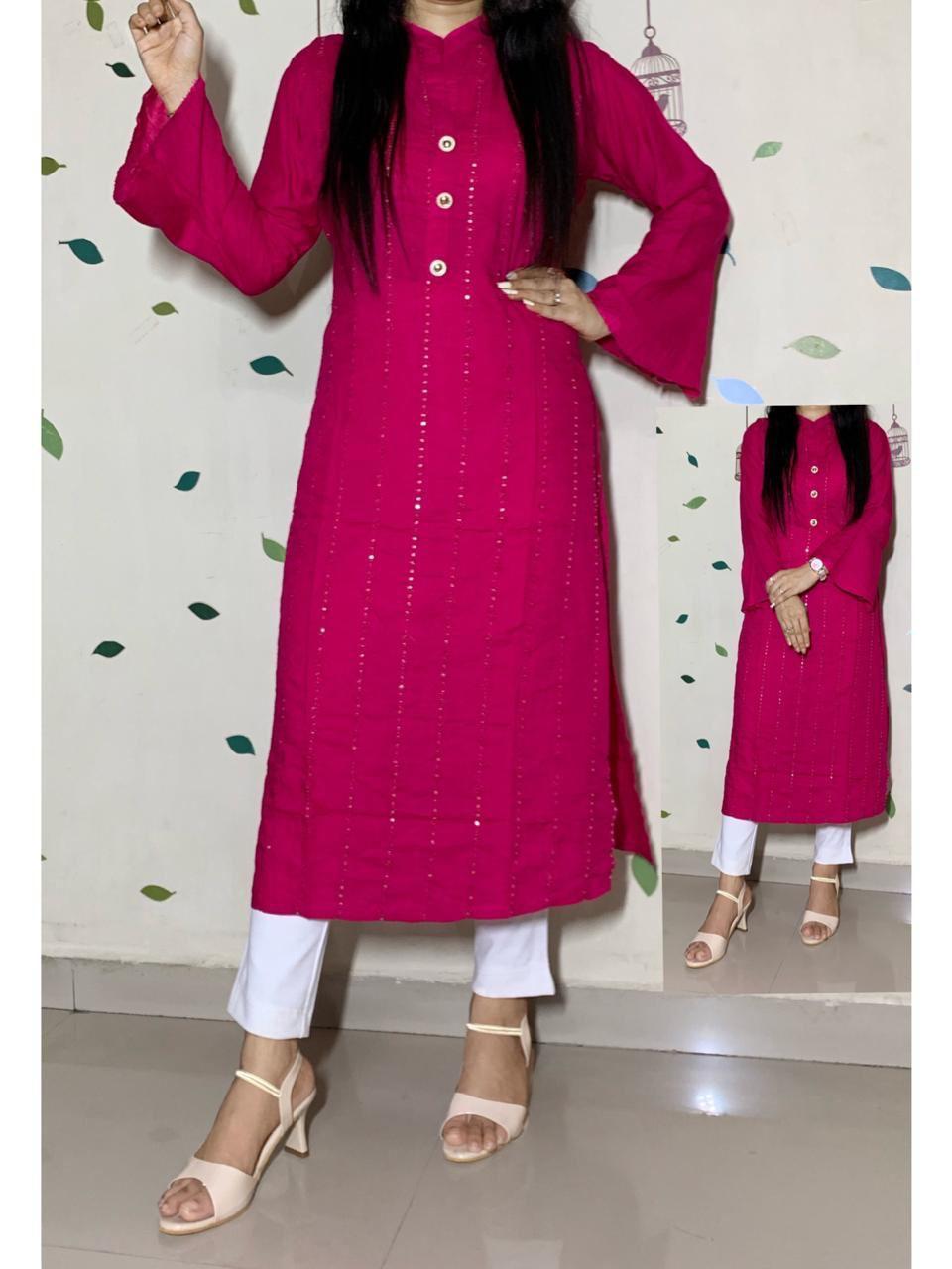 Slub Rayon Kurti - Heavy Rayon Slub, Length: 44 Inches, Sizes: L, Xl, Xxl | Features Sequence Embroidery Work, Full Stitched, Bell Sleeves