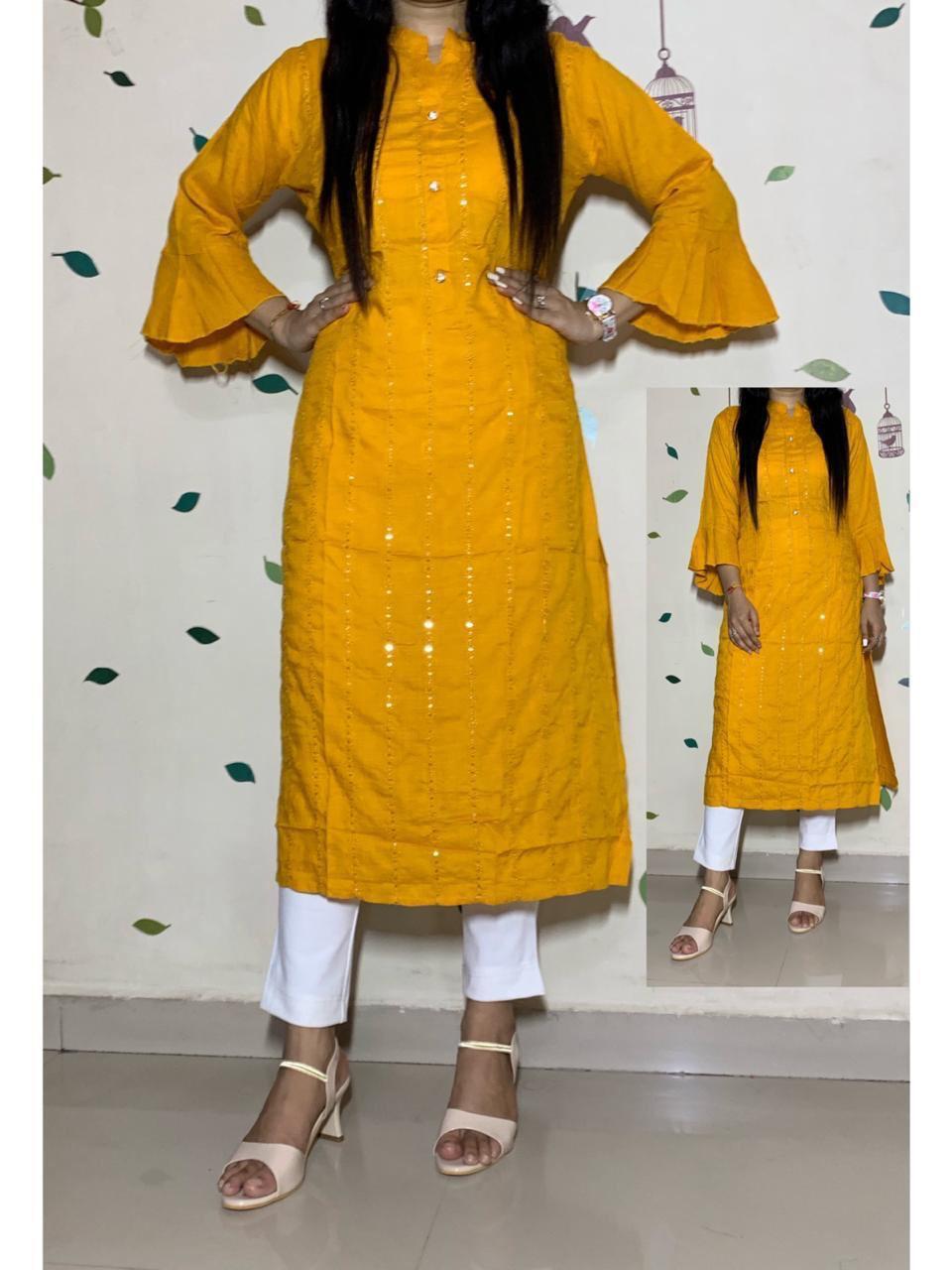 Slub Rayon Kurti - Heavy Rayon Slub, Length: 44 Inches, Sizes: L, Xl, Xxl | Features Sequence Embroidery Work, Full Stitched, Bell Sleeves