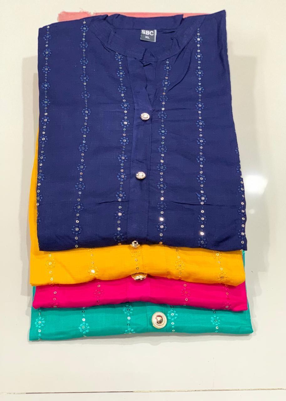 Slub Rayon Kurti - Heavy Rayon Slub, Length: 44 Inches, Sizes: L, Xl, Xxl | Features Sequence Embroidery Work, Full Stitched, Bell Sleeves