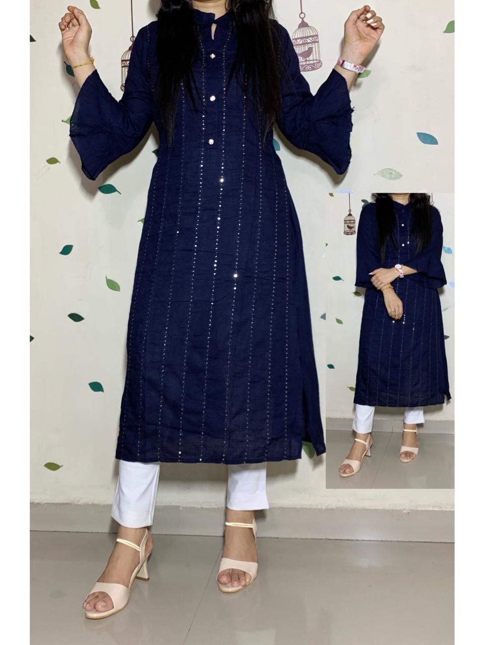 Slub Rayon Kurti - Heavy Rayon Slub, Length: 44 Inches, Sizes: L, Xl, Xxl | Features Sequence Embroidery Work, Full Stitched, Bell Sleeves