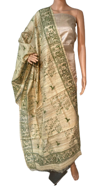 Pure Gheecha Tussar Silk Block Printed Long Dupatta - 100% Pure Silk, Elegant Golden Color, Printed Pattern | Traditional Ethnic Wear For All Seasons