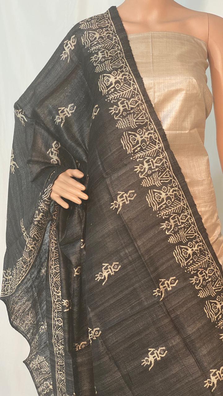 Pure Gheecha Tussar Silk Block Printed Long Dupatta - 100% Pure Silk, Elegant Golden Color, Printed Pattern | Traditional Ethnic Wear For All Seasons