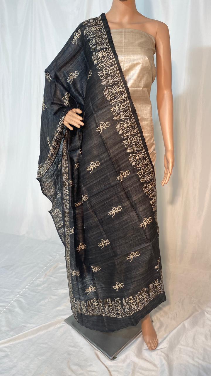 Pure Gheecha Tussar Silk Block Printed Long Dupatta - 100% Pure Silk, Elegant Golden Color, Printed Pattern | Traditional Ethnic Wear For All Seasons