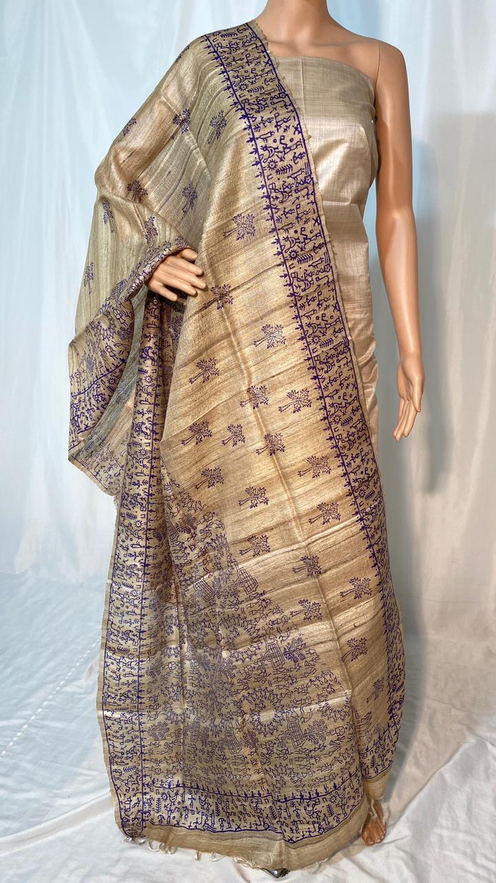 Pure Gheecha Tussar Silk Block Printed Long Dupatta - 100% Pure Silk, Elegant Golden Color, Printed Pattern | Traditional Ethnic Wear For All Seasons