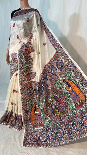 Party Wear Madhubani Hand Painted Pure Dupion Raw Silk Handloom Saree .