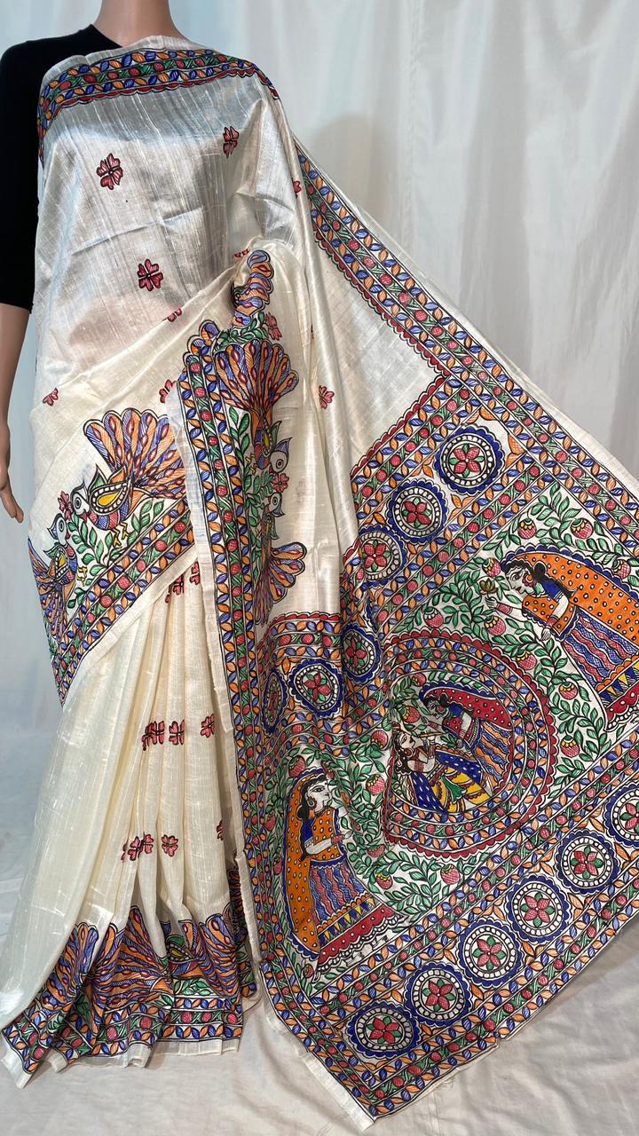 Madhubani Hand Painted Pure Dupion Raw Silk Handloom Saree - Silk Material Hand Painted Blouse | Perfect For Party Wear Across All Seasons