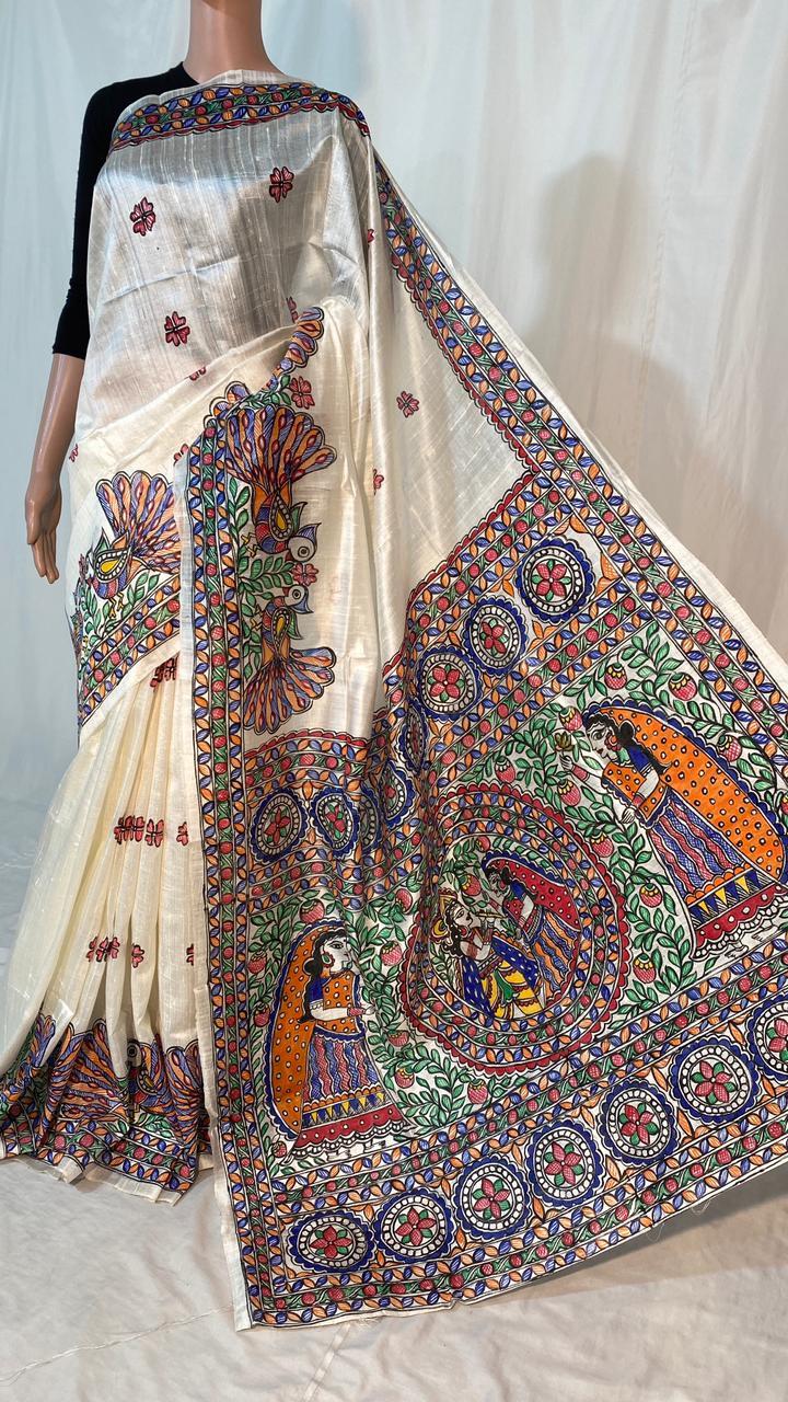 Madhubani Hand Painted Pure Dupion Raw Silk Handloom Saree - Silk Material Hand Painted Blouse | Perfect For Party Wear Across All Seasons