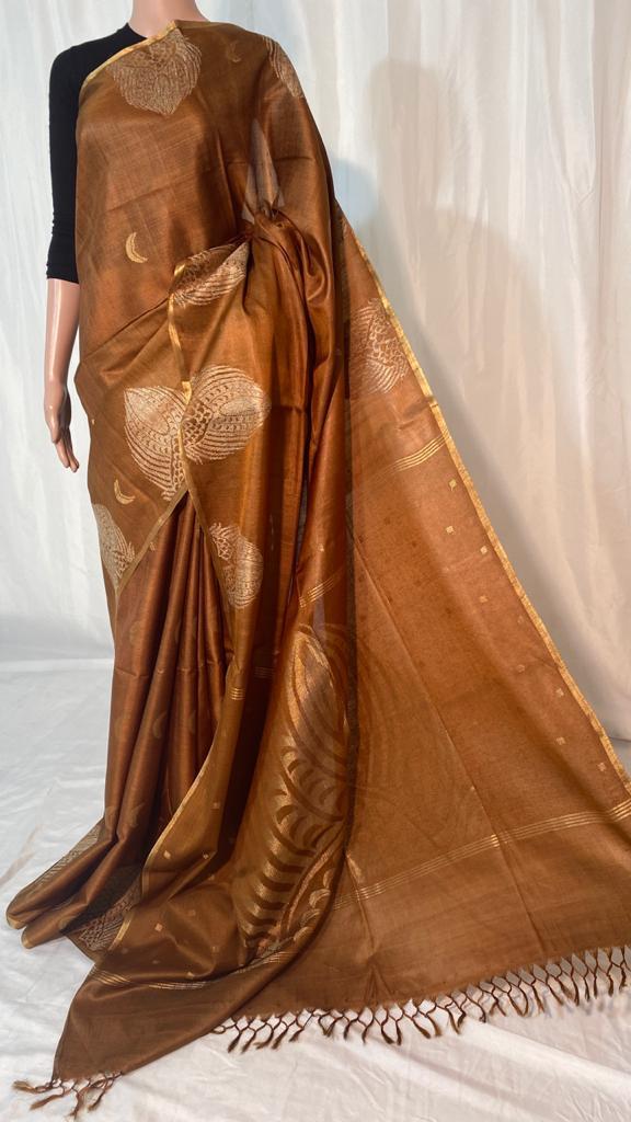 Pure Tussar Silk Handloom Hand Border Saree - 100% Pure Tussar Silk Material, Running Blouse, Hand Woven Designs, Ideal For Party Wear , All Seasons