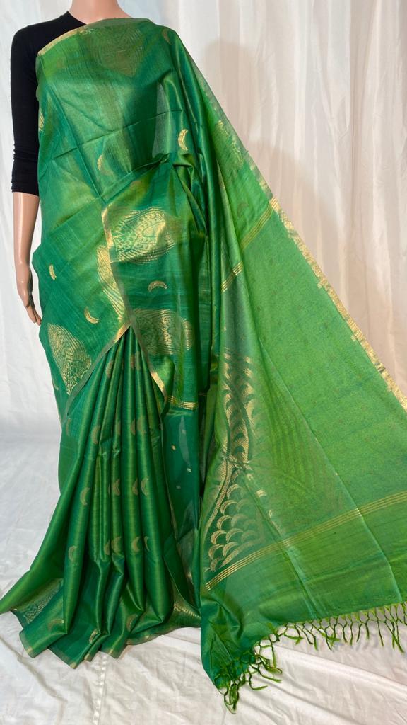 Pure Tussar Silk Handloom Hand Border Saree - 100% Pure Tussar Silk Material, Running Blouse, Hand Woven Designs, Ideal For Party Wear , All Seasons