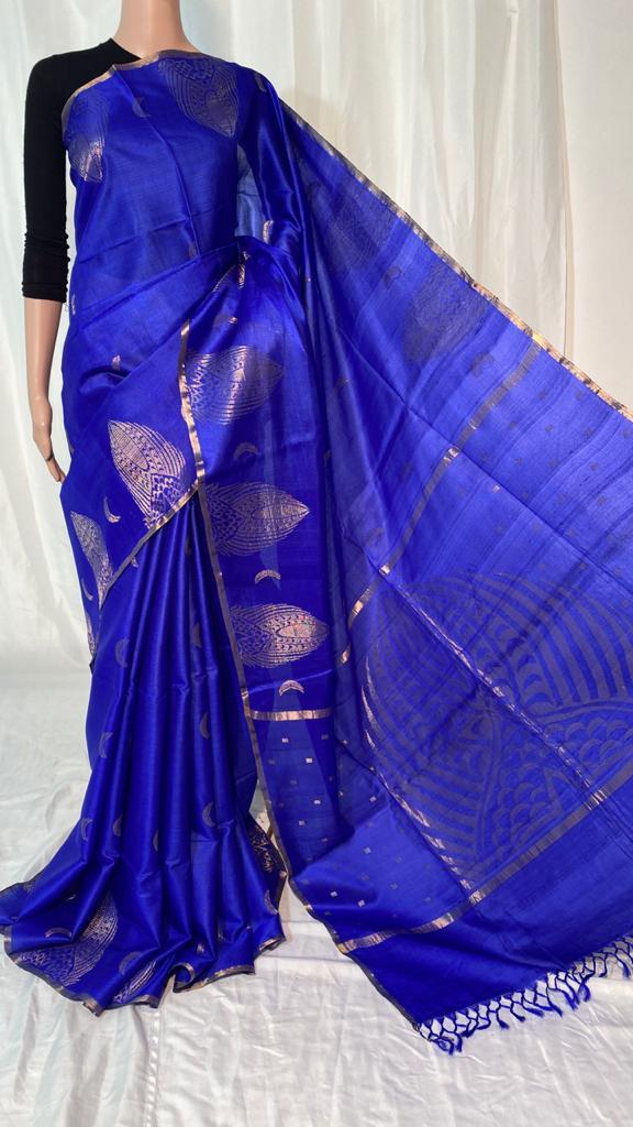 Pure Tussar Silk Handloom Hand Border Saree - 100% Pure Tussar Silk Material, Running Blouse, Hand Woven Designs, Ideal For Party Wear , All Seasons