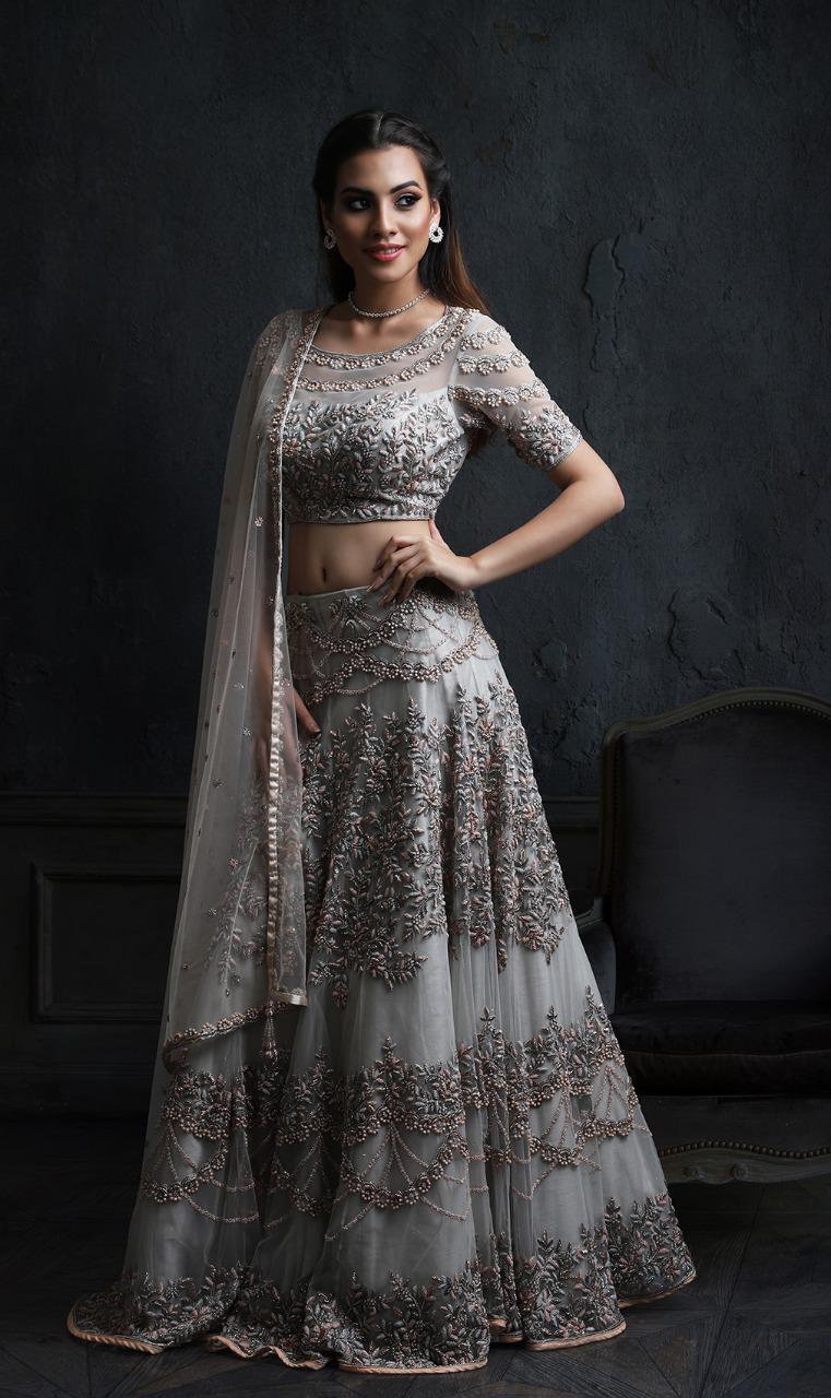 Gary Heavy Net Lehenga - 44 Length, Grey Colour, Silk Inner, 2.75 Mtr Flair | Coding Embroidery Work, Free Size, Fishtail Skirt Style, Net Dupatta