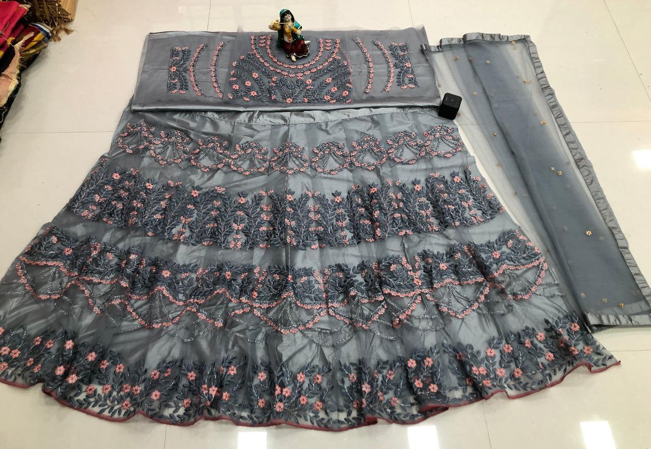 Gary Heavy Net Lehenga - 44 Length, Grey Colour, Silk Inner, 2.75 Mtr Flair | Coding Embroidery Work, Free Size, Fishtail Skirt Style, Net Dupatta