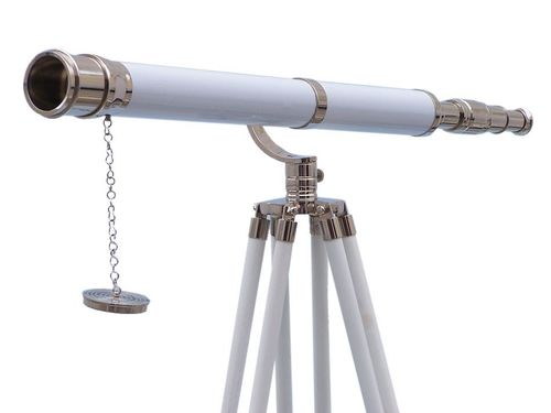 Floor Standing Brass Glass Wood Leather Telescope - 39 Inch, Chrome White Finish, 42x Magnification, High Quality D.F. Lens, Ideal for Home Decor and Nautical Viewing
