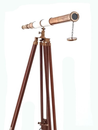 सफेद चमड़े और लकड़ी के स्टैंड के साथ ब्रास टेलीस्कोप फोकस रेंज: 42 X उच्च गुणवत्ता वाला दृश्य