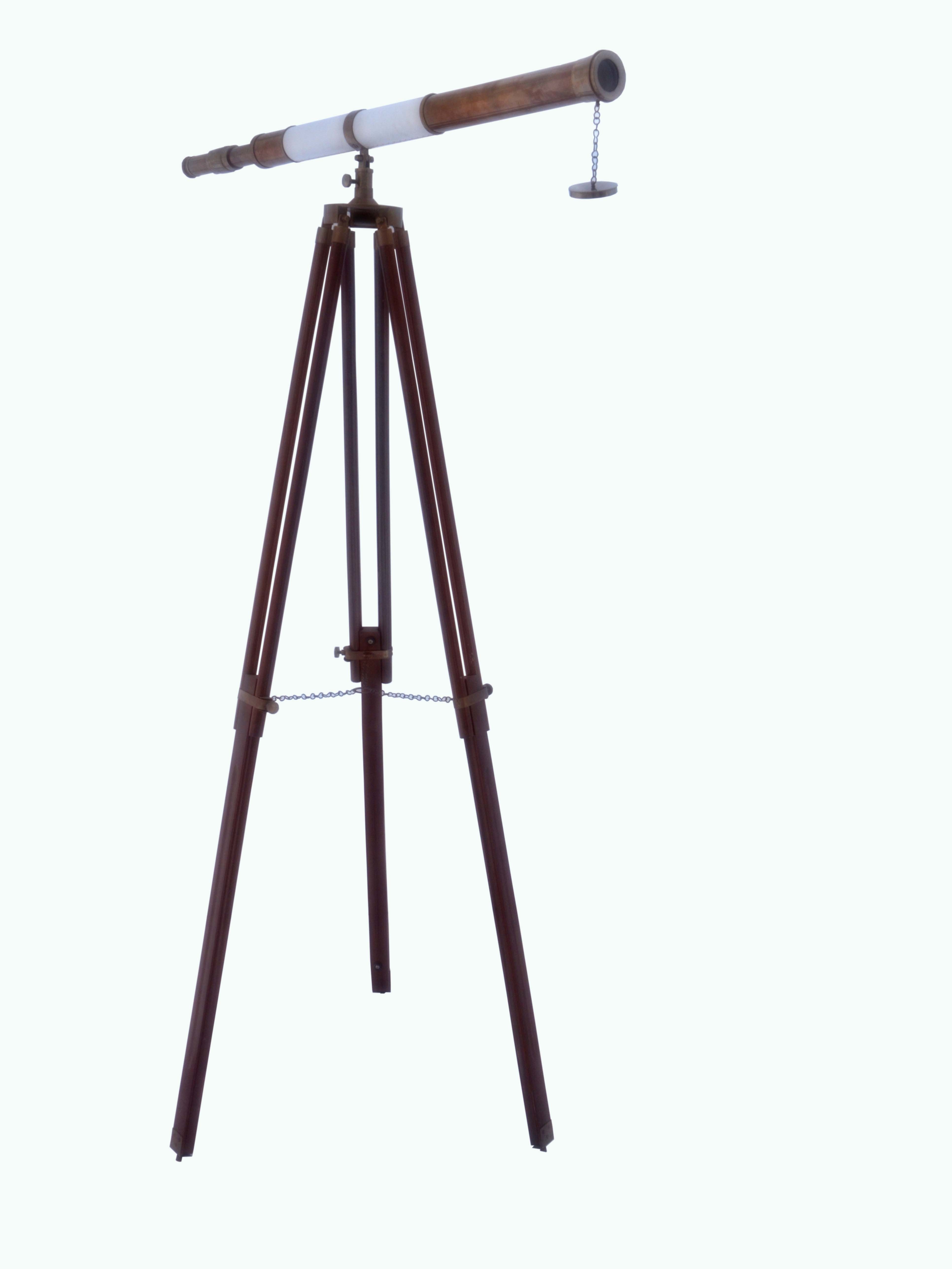 Brass Telescope With White Leather And Wooden Stand Focus Range: 42 X High Quality View