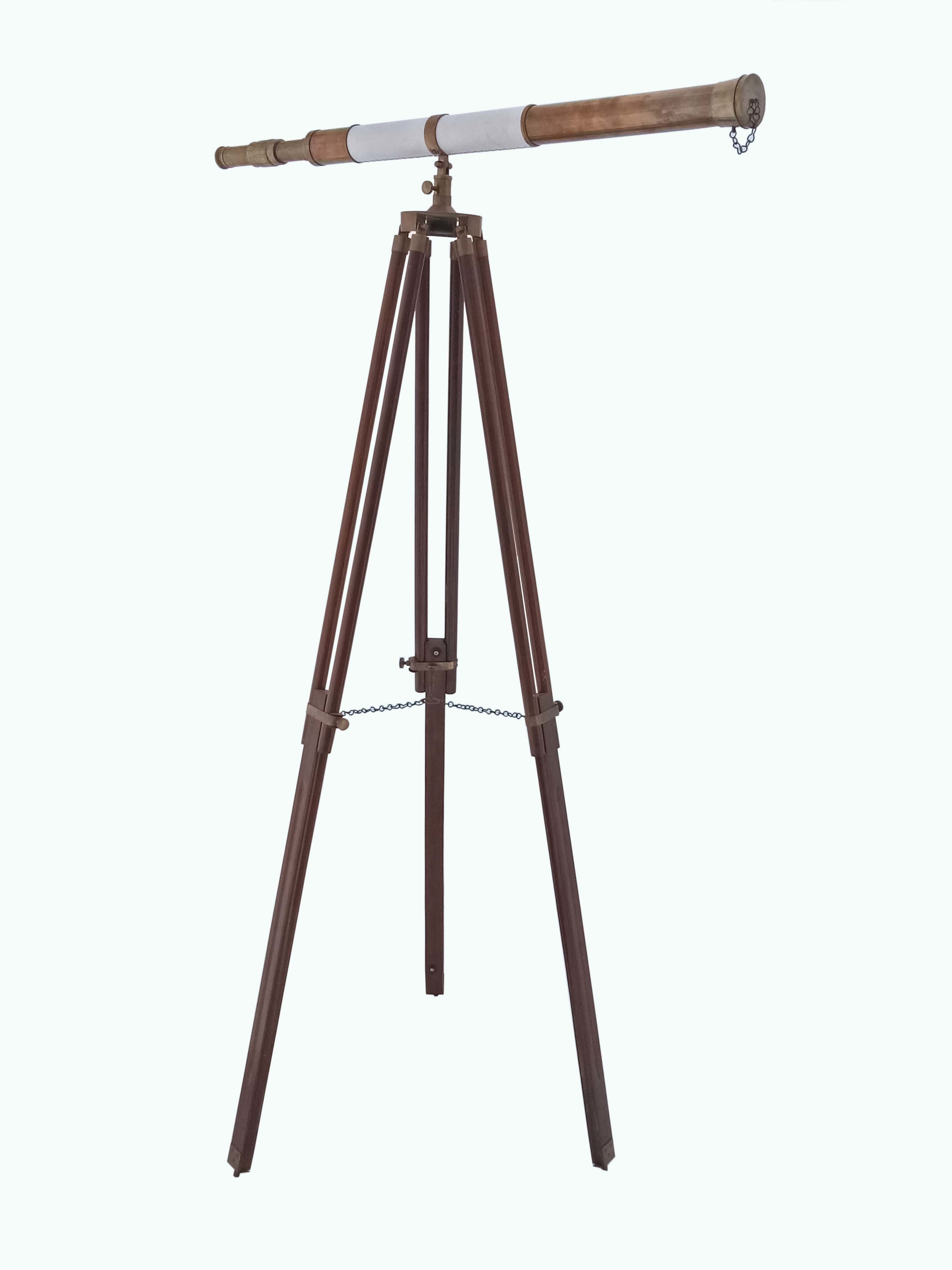 Brass Telescope With White Leather And Wooden Stand Focus Range: 42 X High Quality View