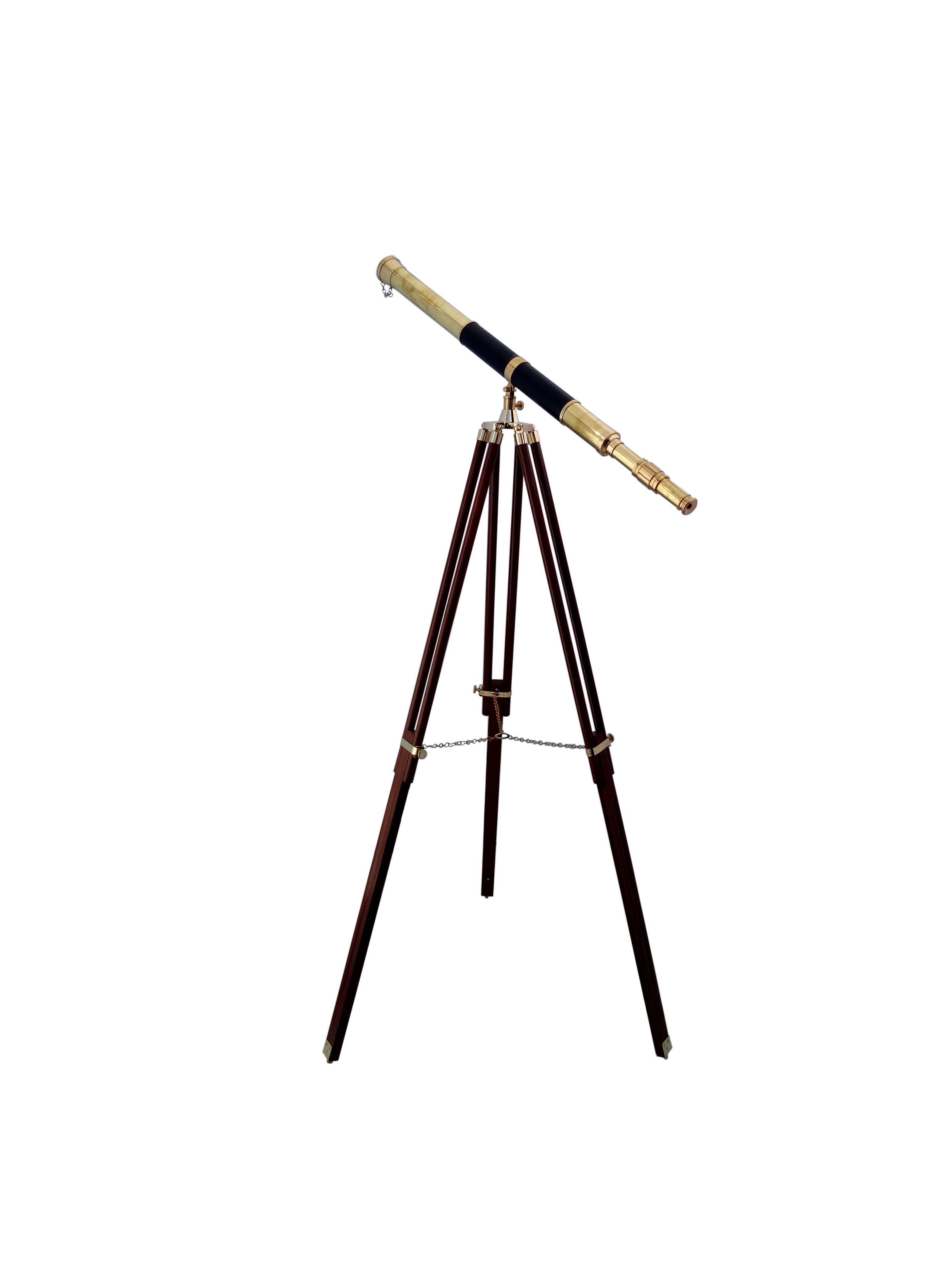 Brass Telescope With Half Leather And Wooden Stand Magnification: 42 X