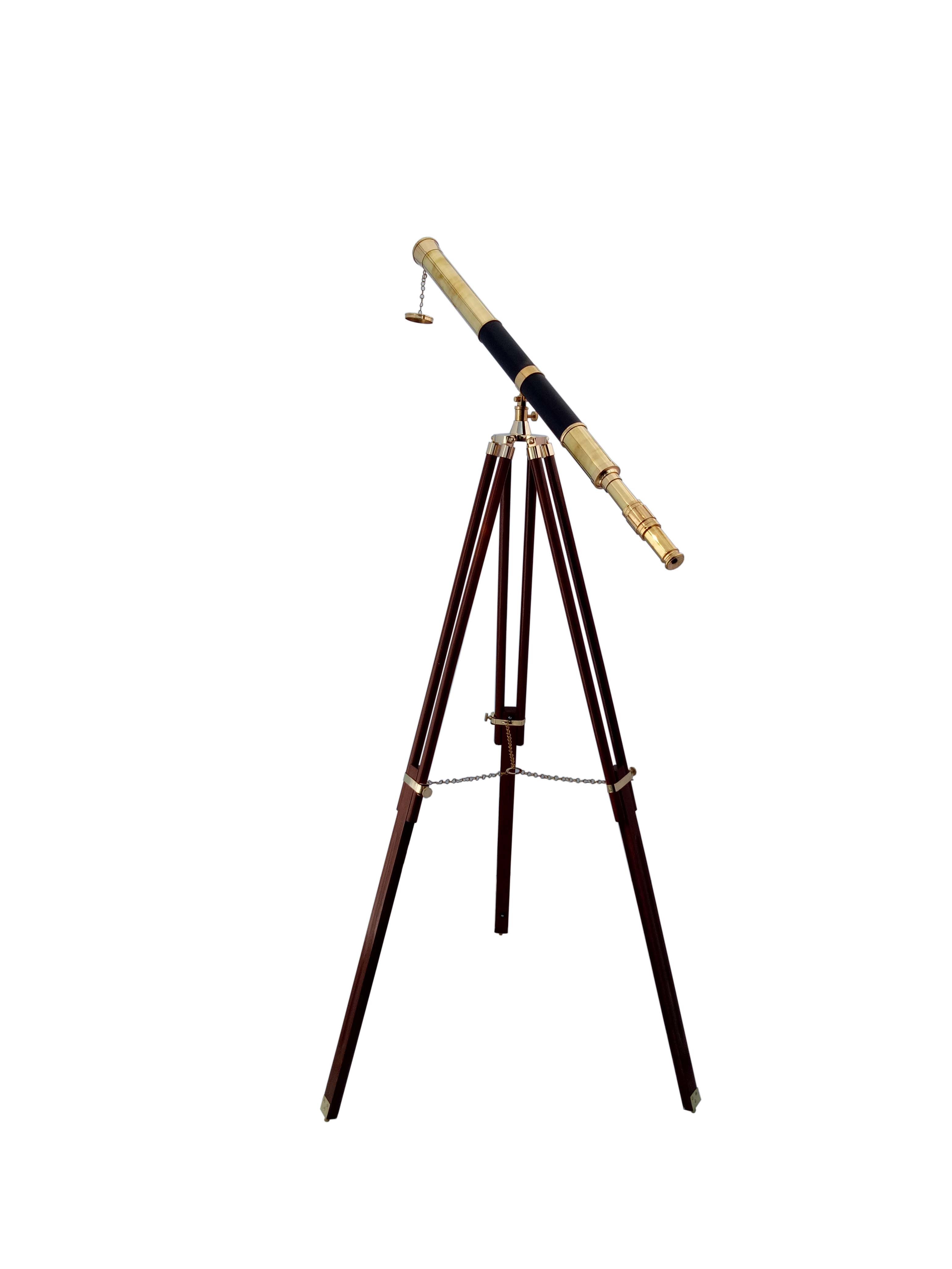 Brass Telescope With Half Leather And Wooden Stand Magnification: 42 X